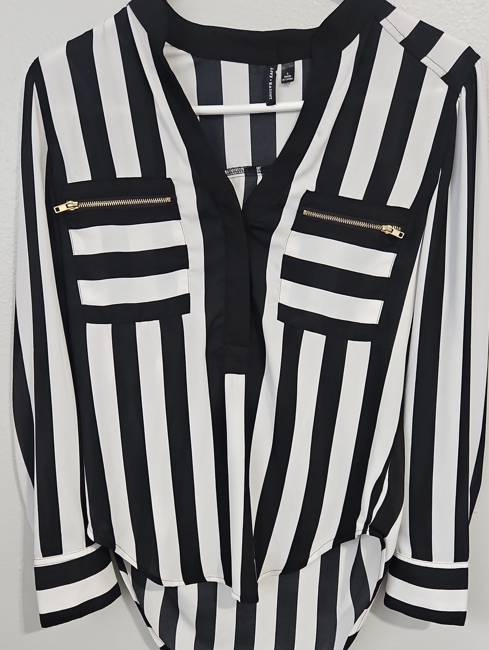 Black & White Vertical Stripe Zip-Pocket Blouse - Split V-Neck